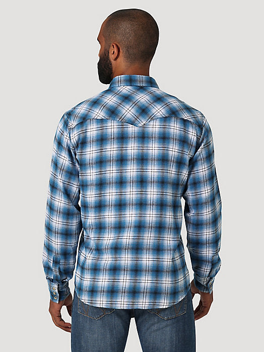 Men's Wrangler Retro Long Sleeve Flannel Western Snap Plaid Shirt in Azure Blue