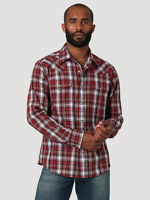 Men's Wrangler Retro Premium Long Sleeve Western Snap Plaid Shirt in Red Forest