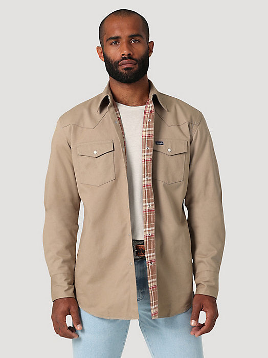 Men's Wrangler Long Sleeve Flannel Lined Solid Work Shirt in Dune