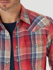 Men's Wrangler Retro Premium Contrast Trim Western Snap Flap Pocket Plaid Shirt in Red Pepper