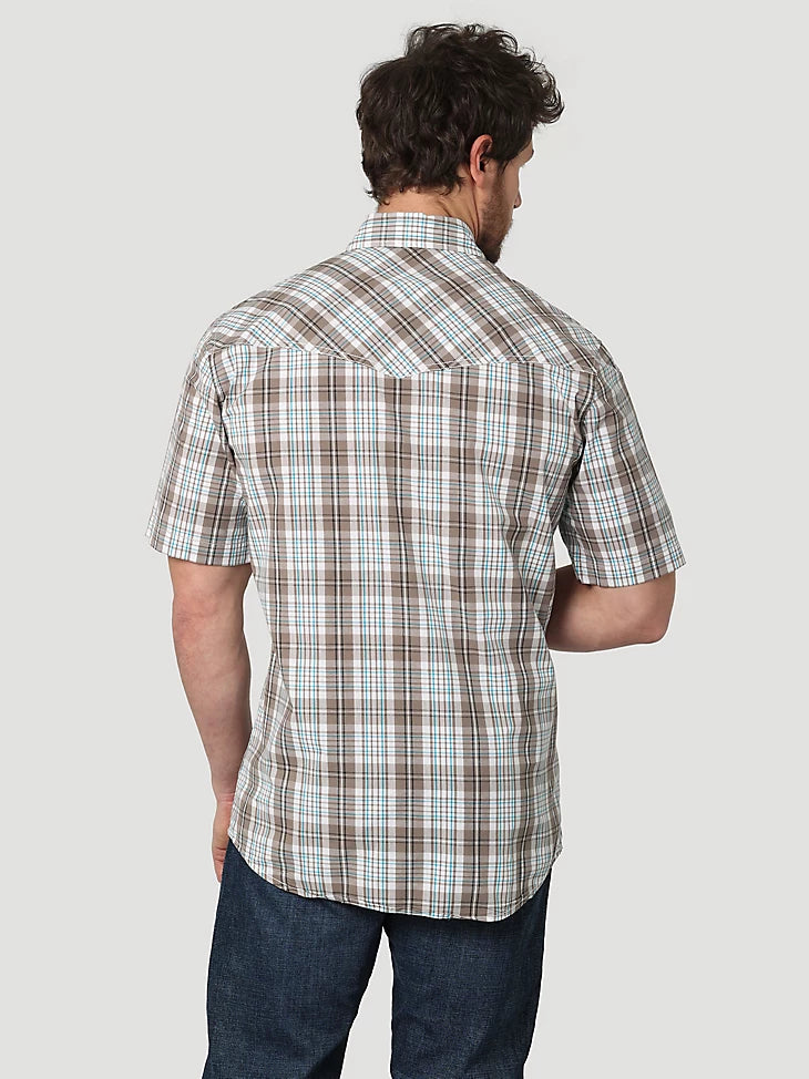 Men's Wrangler 20X Competition Advanced Comfort Short Sleeve Western Snap Two Pocket Plaid Shirt in Turquoise/Brown Madras Small
