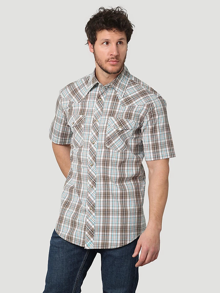 Men's Wrangler® 20X® Competition Advanced Comfort Short Sleeve Western Snap Two Pocket Plaid Shirt In Turquoise/Brown Madras