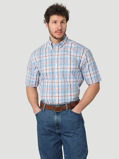 Men's George Strait Short Sleeve 1 Pocket Button Down Plaid Shirt in Blue Contrast