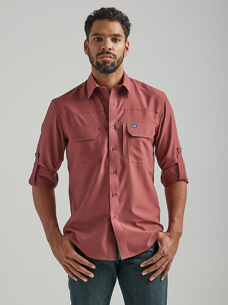 Men's Wrangler Performance Button Front Long Sleeve in Red Solid