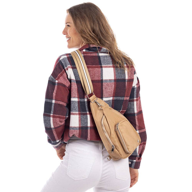 Tan Solid Sling Bag with Striped Strap
